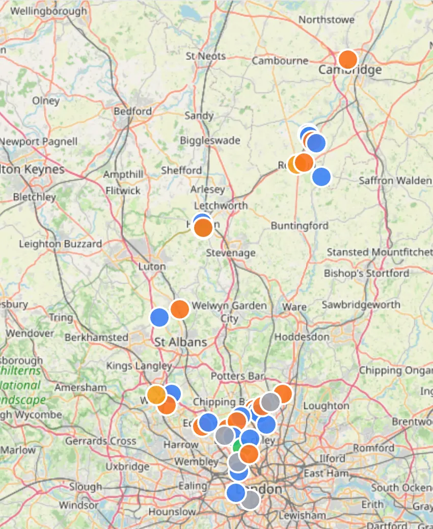 Map showing the locations where HappierMusic serves care homes