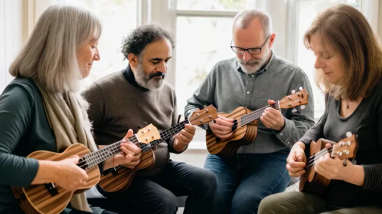 A group of adults playing ukulele together in a HappierMusic session