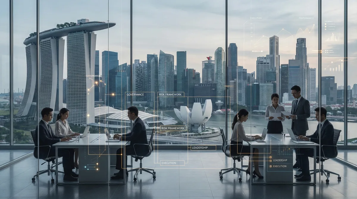 Singapore office with Marina Bay Sands backdrop - governance, risk framework, leadership and execution