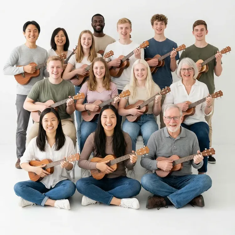Group playing ukuleles together in a Happier Music workshop